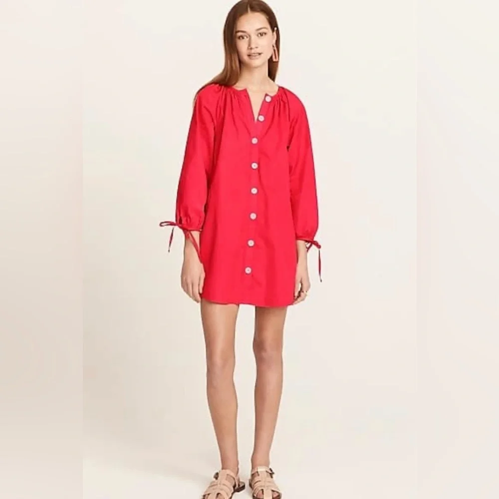 J. Crew Tie-Sleeve Button-Front Dress in Cotton Poplin